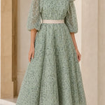 Cold Shoulder Embroidered Lace Midi Dress with Puff Sleeves and Tie Waist
