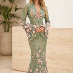 3D Floral Appliqué Lace Mermaid Evening Gown with Bell Sleeves