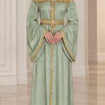 Embellished Off-Shoulder Halter Neck Satin Maxi Dress with Bell Sleeves