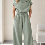 Women's Cowl Neck Short Sleeve Top and Wide Leg Sweatpants Loungewear Set