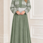 Sequined Jacket Overlay Pleated Maxi Evening Dress with Embellished Waist Detail