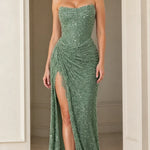 Strapless Beaded Corset Evening Gown with Lace-Trim High Slit