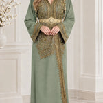 Embroidered Moroccan Kaftan Maxi Dress with Ornate Waist Belt
