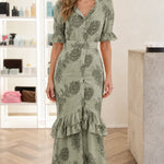 Paisley Print Belted Maxi Dress with Tiered Ruffle Hem and Flutter Sleeves