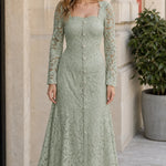 Square Neck Floral Lace Long Sleeve Midi Dress with Crystal Buttons