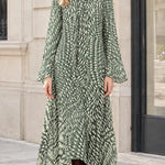 Elegant Tie-Neck Handkerchief Hem Maxi Dress with Long Sleeves