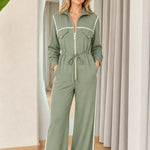 Women's Contrast Piping Zip-Front Wide-Leg Jumpsuit with Drawstring Waist