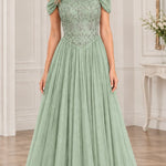 Off-the-Shoulder Beaded Bodice Tulle Formal Evening Gown