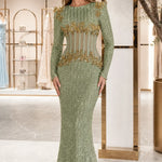 Long Sleeve Sequin Illusion Corset Evening Gown