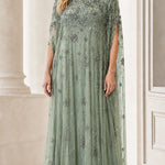 Elegant Beaded Mesh Cape Maxi Dress