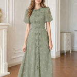 Vintage Floral Bow-Front A-Line Midi Dress with Puff Sleeves