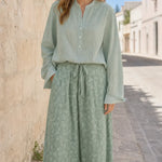 Women's Casual Two-Piece Long Sleeve Blouse and Printed Wide-Leg Pants Set