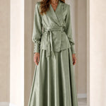 Elegant Satin Wrap Blazer Top and Maxi Skirt Two-Piece Set