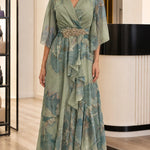 Floral Chiffon V-Neck Maxi Dress with Embellished Waist and Flutter Sleeves