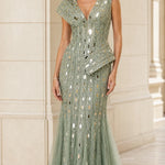 Mirrored Sequin Embellished Peplum Mermaid Evening Gown