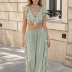 Boho Lace Ruffle Two-Piece Crop Top and Wide Leg Pants Set