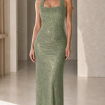 Halter Neck Beaded Shimmer Maxi Evening Gown with Ruched Waist