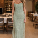 Strapless Corset Beaded Fringe Maxi Evening Gown