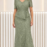 Sequined Embroidered Peplum Evening Gown with Short Sleeves