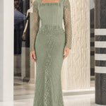 Square Neck Corset Bodice Beaded Mermaid Evening Gown with Long Sleeves