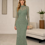 High Neck Sequin Embellished Long Sleeve Formal Maxi Evening Gown