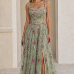 Floral Embroidered Sequin A-Line Evening Maxi Dress with Slit