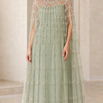 High Neck Beaded Cape Evening Gown Elegant Embellished Maxi Dress