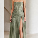 Strapless Ruched Metallic Pleated Maxi Dress with Scarf Cape Detail