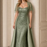 Sequin Beaded Evening Gown with Fringe Tassel Sleeves and Satin Overskirt Train