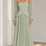 Off-The-Shoulder Beaded Scallop Choker Pleated Maxi Evening Gown