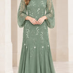 Sequined Botanical Sheer Sleeve Chiffon Maxi Evening Gown