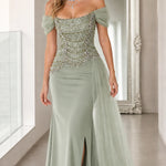 Off-the-Shoulder Beaded Corset Evening Gown with Tulle Drape