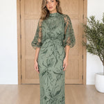 High Neck Embellished Mesh Maxi Dress with Sheer Balloon Sleeves