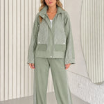 Women's Textured Contrast Zip-Up Jacket and Wide-Leg Pants Two-Piece Set