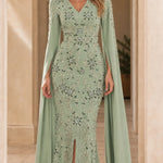 Embellished Cape Sleeve Evening Gown with Front Slit