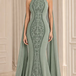 High Neck Embroidered Mermaid Evening Gown with Attached Cape