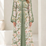 Floral Embroidered Moroccan Kaftan Maxi Dress with Belt
