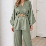 Women's Embroidered Satin Kaftan Top and Wide-Leg Pants Two-Piece Set