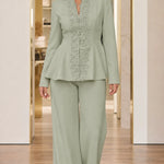 Floral Appliqué Peplum Blazer and Wide-Leg Pantsuit Set