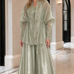Embroidered Metallic Sheer Overcoat and Wide-Leg Pants Set