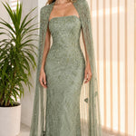 Strapless Beaded Column Evening Gown with Dramatic Sheer Cape