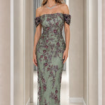 Off-the-Shoulder Floral Embroidered Beaded Maxi Evening Gown
