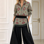 Women's Ethnic Pattern V-Neck Blouse and Balloon Pants Two-Piece Set