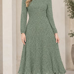 Women's Micro Dot Print Long Sleeve Midi Dress Elegant A-Line Pleated Hem Dress