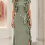 Elegant Lace Ruffle Accent Maxi Dress with Tassel Belt
