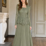 Long Sleeve Lace Peplum Evening Gown with Pleated Maxi Skirt