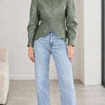 Women's High Neck Buckle Faux Leather Jacket with Pointed Hem