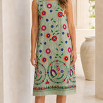 Women's Sleeveless Floral Embroidered Shift Midi Dress