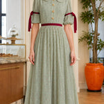 Vintage Peter Pan Collar Floral Midi Dress with Contrast Bow Details