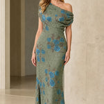 One-Shoulder Sequin Floral Evening Gown